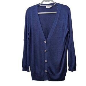 Angelucci‎ Silk Long Sleeve Button Front V Neck Cardigan Navy Blue Size 48  L
